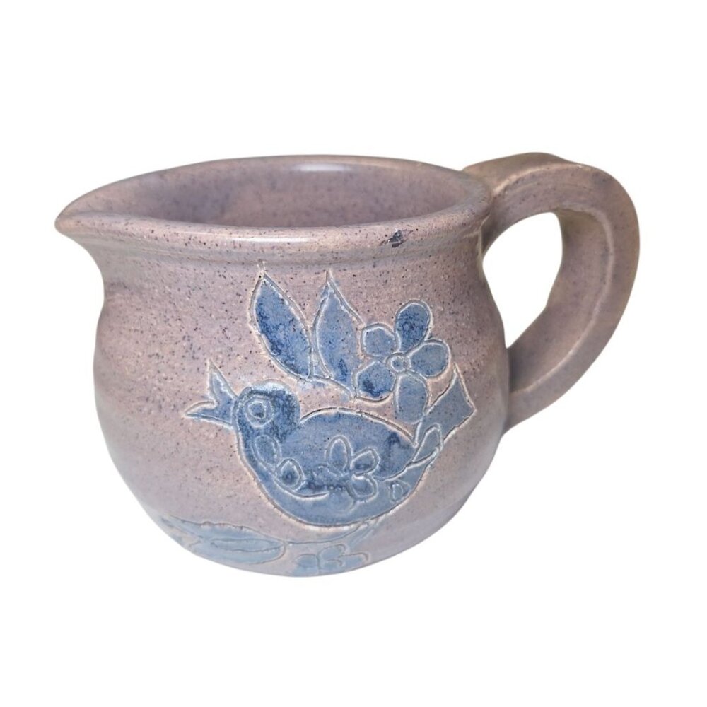 Small Pitcher Bird Pottery CL 74 Blue Vintage Artist Home Decor Country Cottage